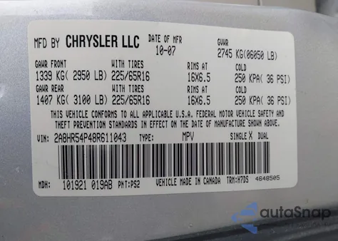 2008 Chrysler Town & Country Touring from USA, damaged, VIN 2A8HR54P48R611043